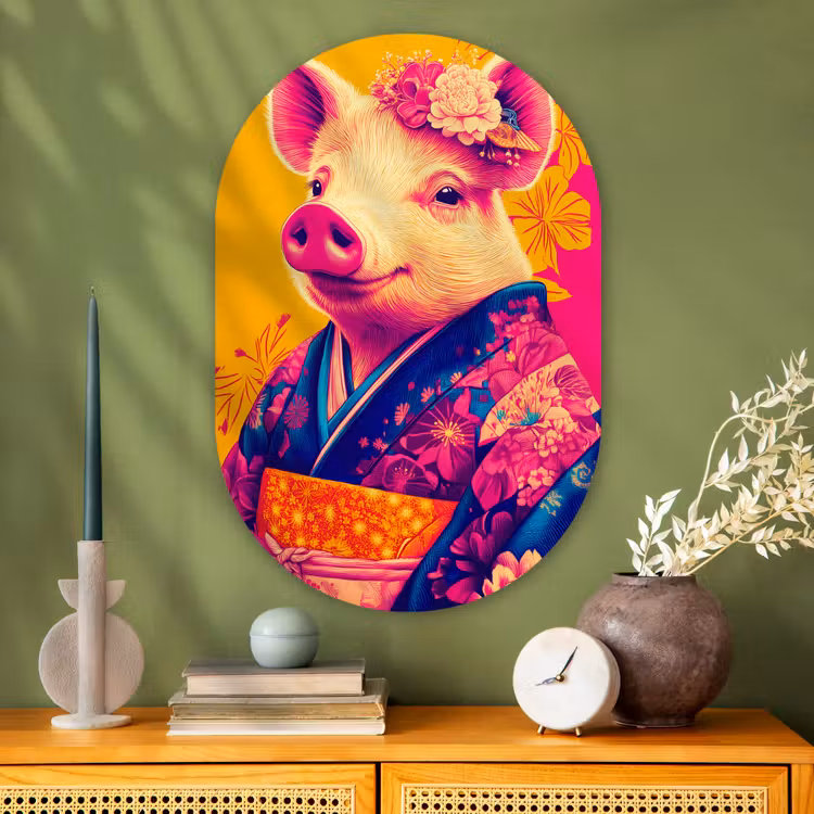 Muurovaal - Glas - Varken - Bloemkroon - Kimono - Abstract — 2