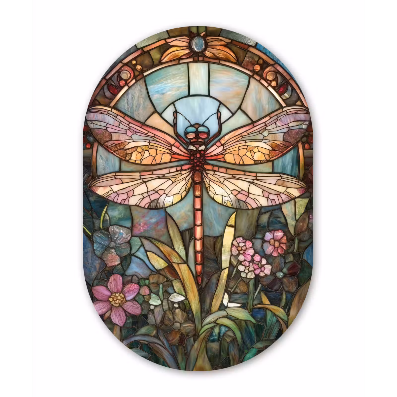 Muurovaal - Glas - Libelle - Mozaïek - Bloemen - Kleurrijk — 1