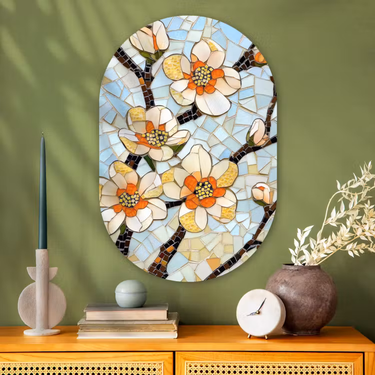 Muurovaal - Glas - Bloesems - Wit - Mozaïek - Tak — 2