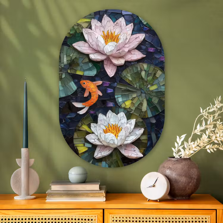 Muurovaal - Glas - Glasstukjes - Leliebladeren - Vis - Oranje — 2
