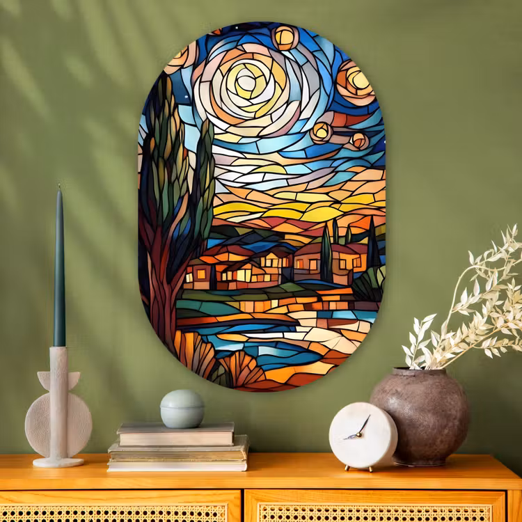 Muurovaal - Glas - Hemel - Sterren - Mozaïek - Huizen — 2