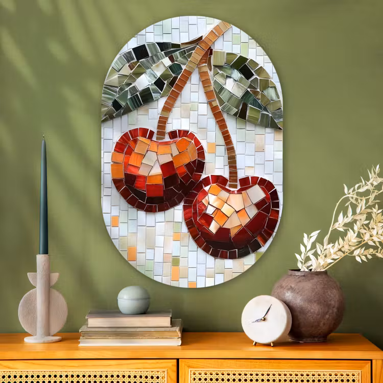 Muurovaal - Glas - Kersen - Rood - Mozaïek - Blaadjes — 2