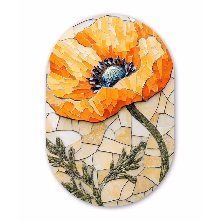 Muurovaal - Glas - Klaprozen - Oranje - Mozaïek - Bladeren — 1