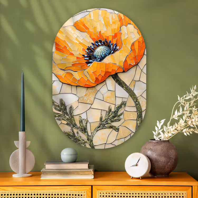 Muurovaal - Glas - Klaprozen - Oranje - Mozaïek - Bladeren — 2