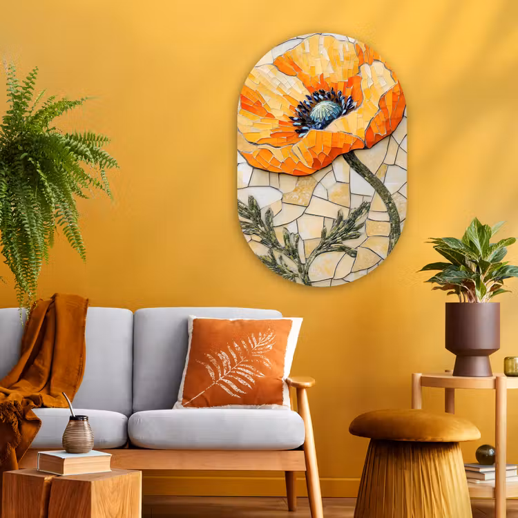 Muurovaal - Glas - Klaprozen - Oranje - Mozaïek - Bladeren — 3