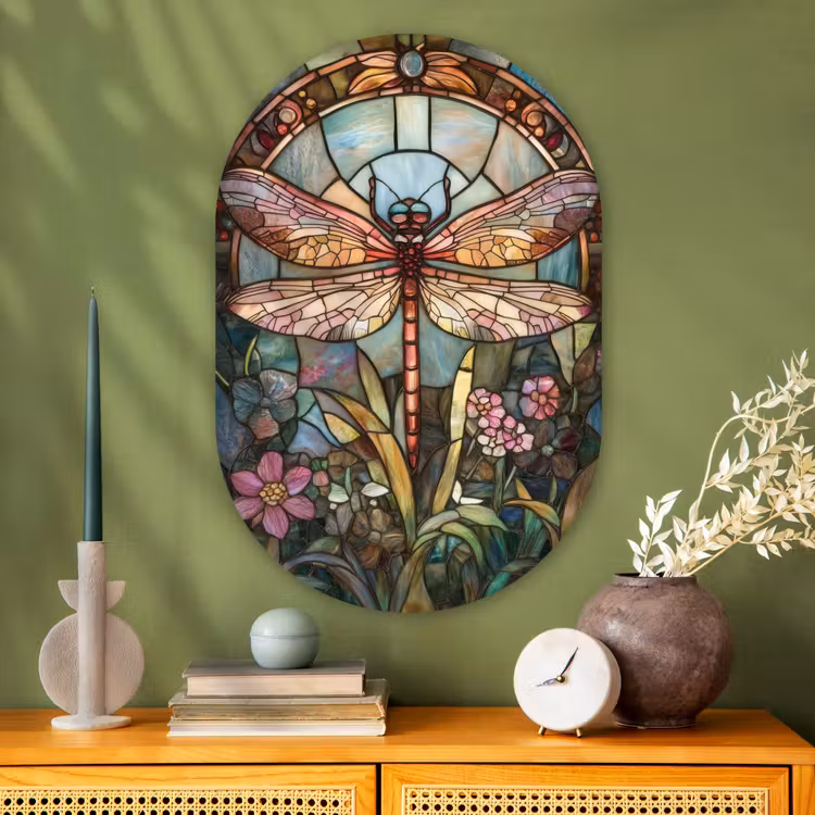 Muurovaal - Glas - Libelle - Mozaïek - Bloemen - Kleurrijk — 2