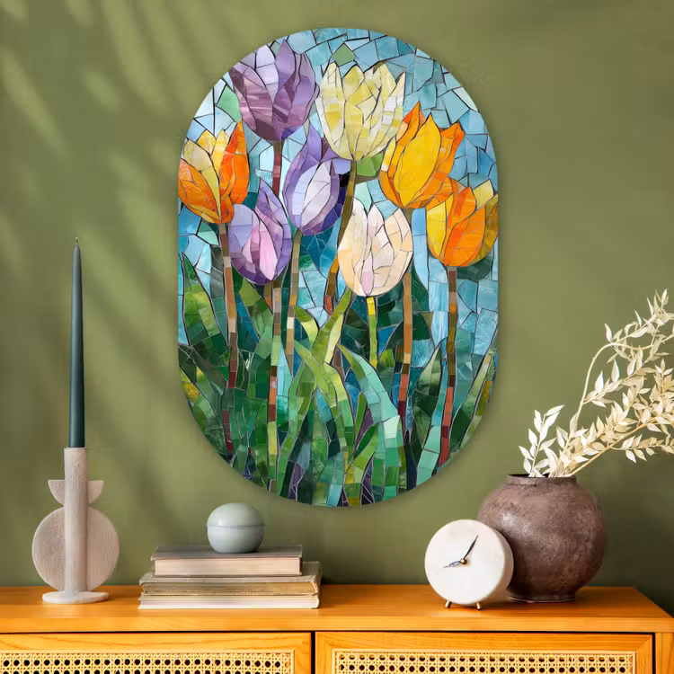 Muurovaal - Glas - Mozaïek - Veld - Tulpen - Kleurrijk — 2