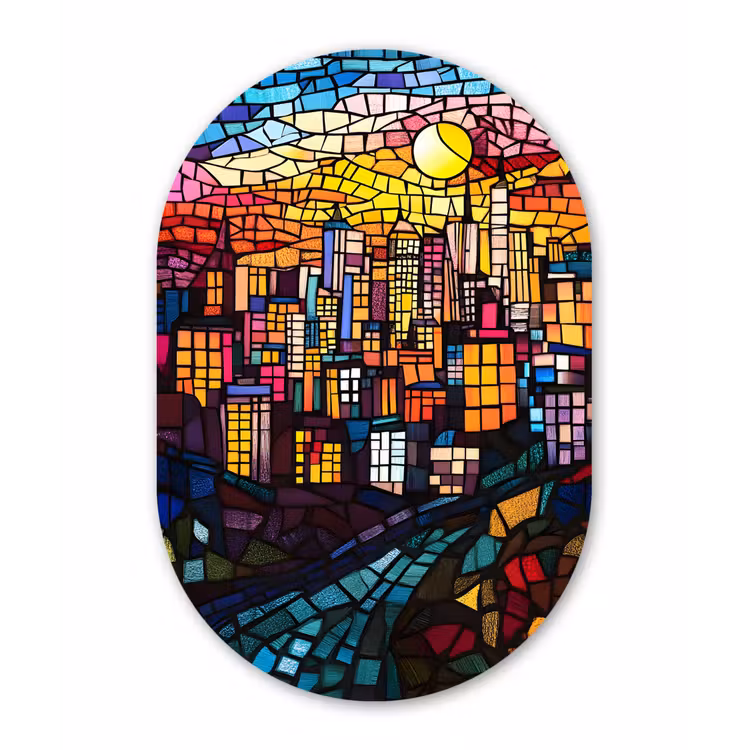 Muurovaal - Glas - Stad - Maan - Mozaïek - Kleurrijk — 1