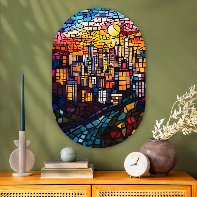 Muurovaal - Glas - Stad - Maan - Mozaïek - Kleurrijk — 2
