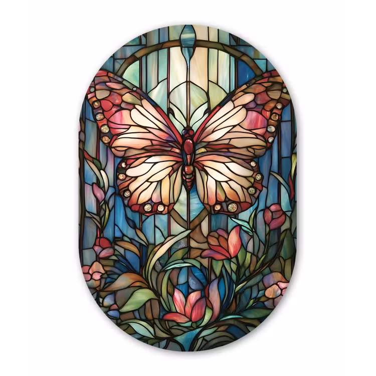 Muurovaal - Glas - Vlinder - Roze - Bloemen - Bladeren — 1