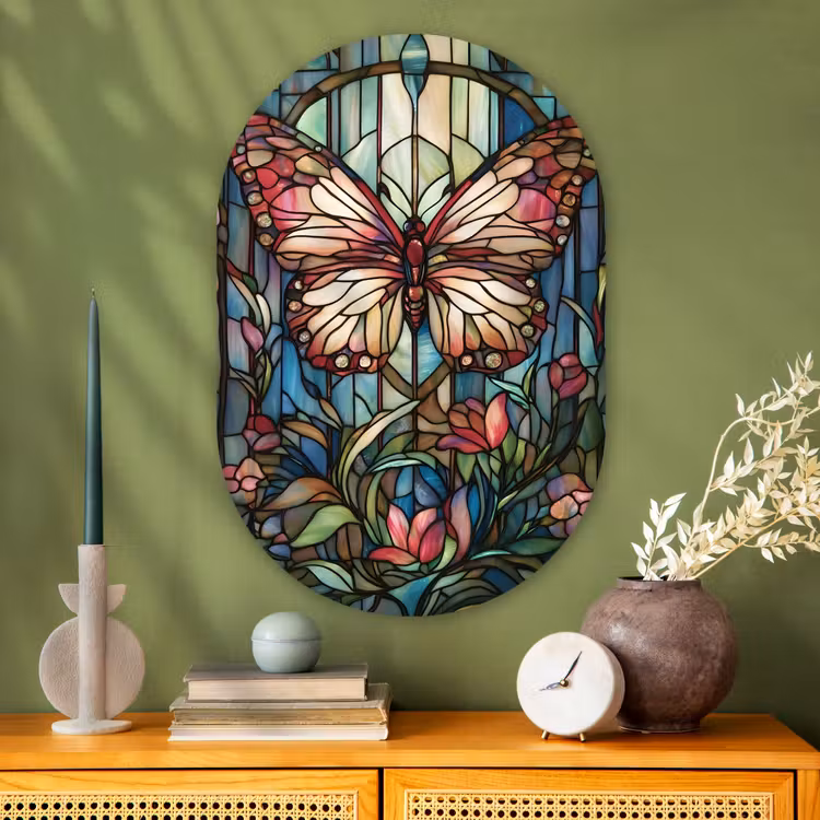 Muurovaal - Glas - Vlinder - Roze - Bloemen - Bladeren — 2