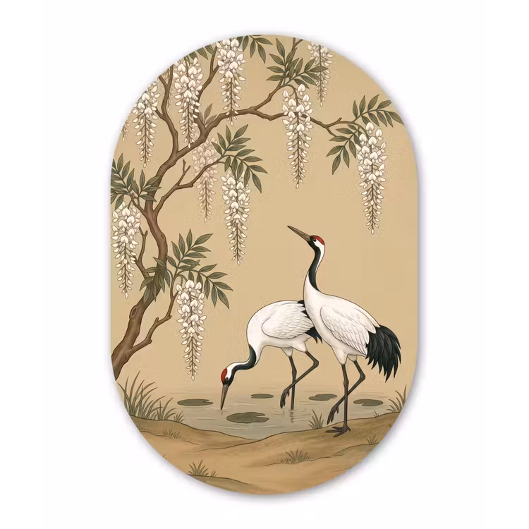 Muurovaal aluminium - Kraanvogels - Water - Beige — 1