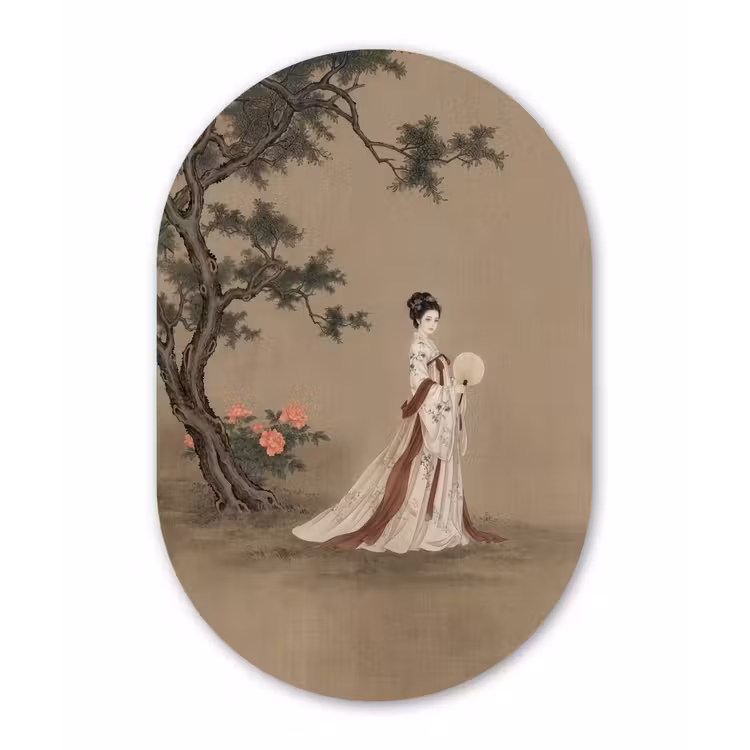 Muurovaal aluminium - Vrouw - Azië - Kunst - Beige — 1