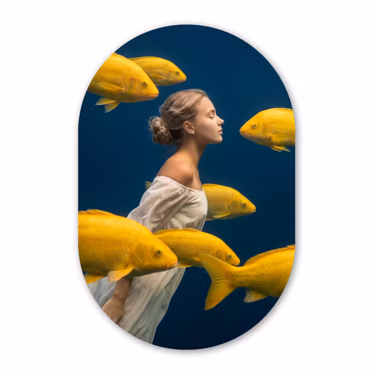 Muurovaal aluminium - Vrouw - Vis - Water - Natuur - Geel — 1