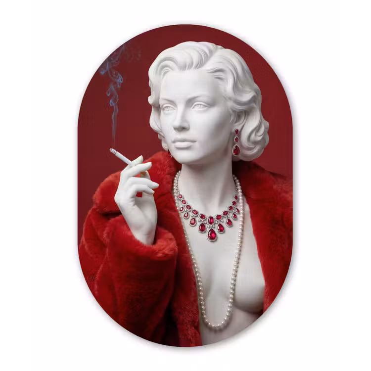 Muurovaal aluminium - Vrouw - Bontjas - Mode - Klassiek - Rood — 1