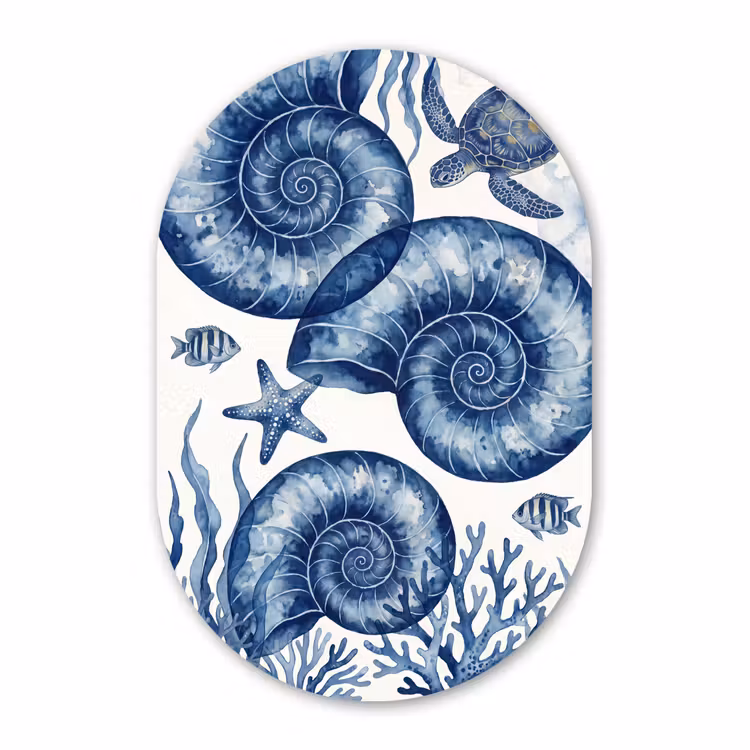 Muurovaal aluminium - Schelp - Spiraal - Zeeleven - Aquarel - Blauw — 1