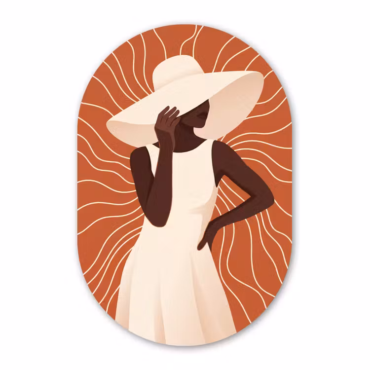 Muurovaal aluminium - Vrouw - Hoed - Portret - Modern - Beige — 1