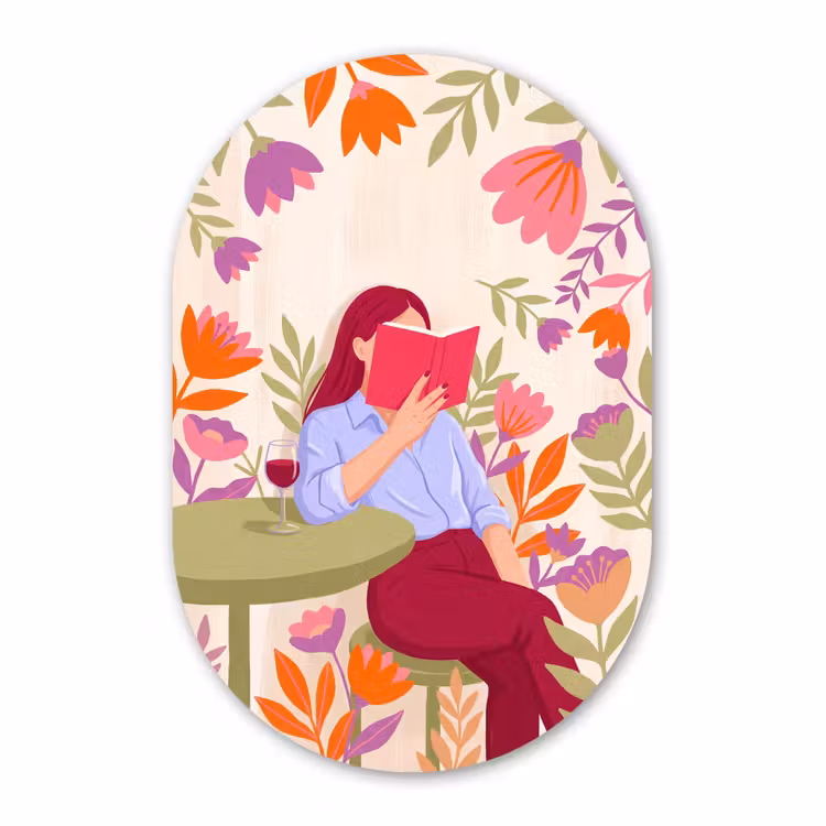 Muurovaal aluminium - Vrouw - Lezen - Thuis - Modern - Bloemen — 1