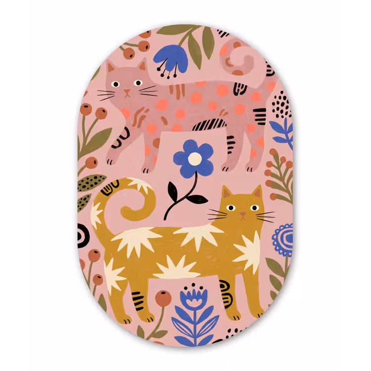 Muurovaal - Glas - Kat - Bloemen - Dieren - Modern - Roze — 1