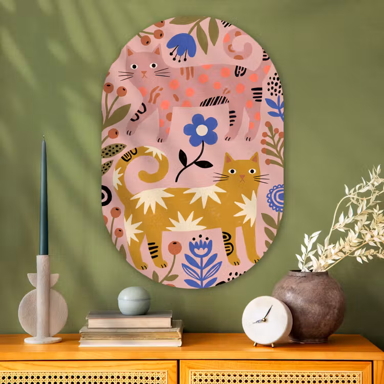 Muurovaal - Glas - Kat - Bloemen - Dieren - Modern - Roze — 2