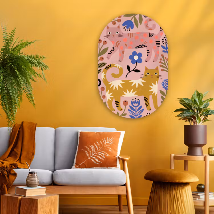 Muurovaal - Glas - Kat - Bloemen - Dieren - Modern - Roze — 3