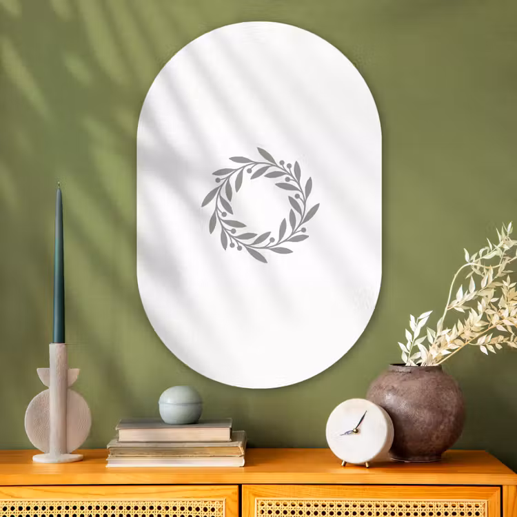 Muurovaal - Glas - Krans - Bladeren - Natuur - Minimalistisch - Grijs — 2