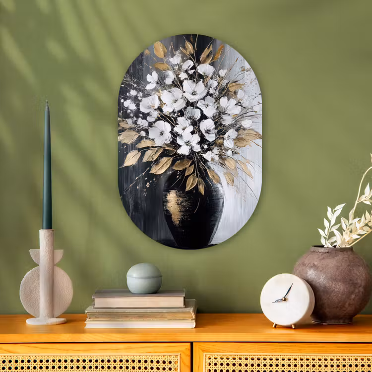 Muurovaal - Kunststof - Bloemen - Wit - Vaas - Abstract — 1