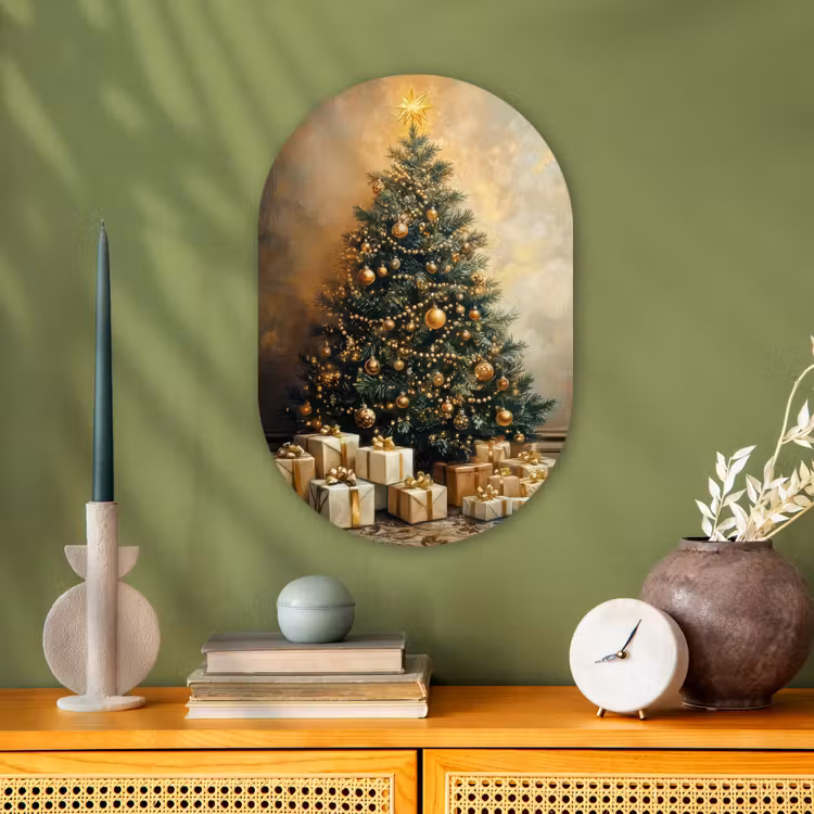Muurovaal - Kunststof - Kerstboom - Cadeaus - Goud — 1
