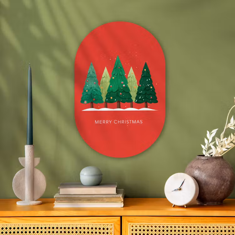 Muurovaal - Kunststof - Minimalistisch - Kerstbomen - Rood - Sneeuw — 1