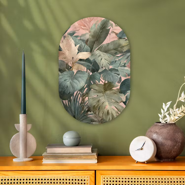 Muurovaal - Kunststof - Compositie van bladeren - Groen - Roze — 1