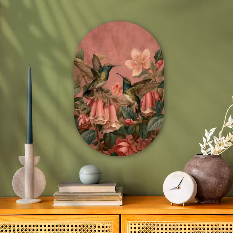 Muurovaal - Kunststof - Kolibries - Bloemen - Groen - Roze — 1