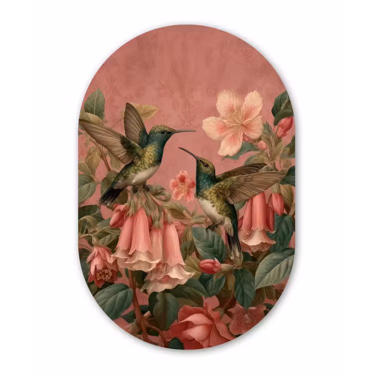 Muurovaal - Kunststof - Kolibries - Bloemen - Groen - Roze — 3