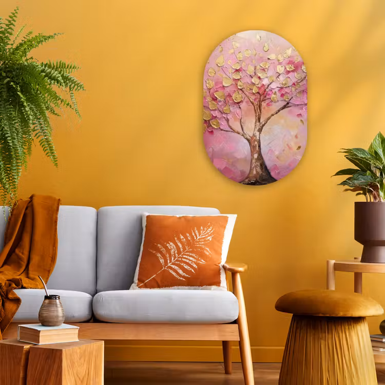 Muurovaal - Kunststof - Boom - Roze - Goud - Modern — 1