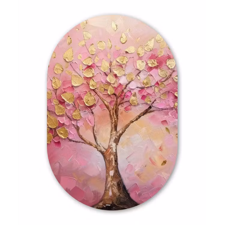 Muurovaal - Kunststof - Boom - Roze - Goud - Modern — 2