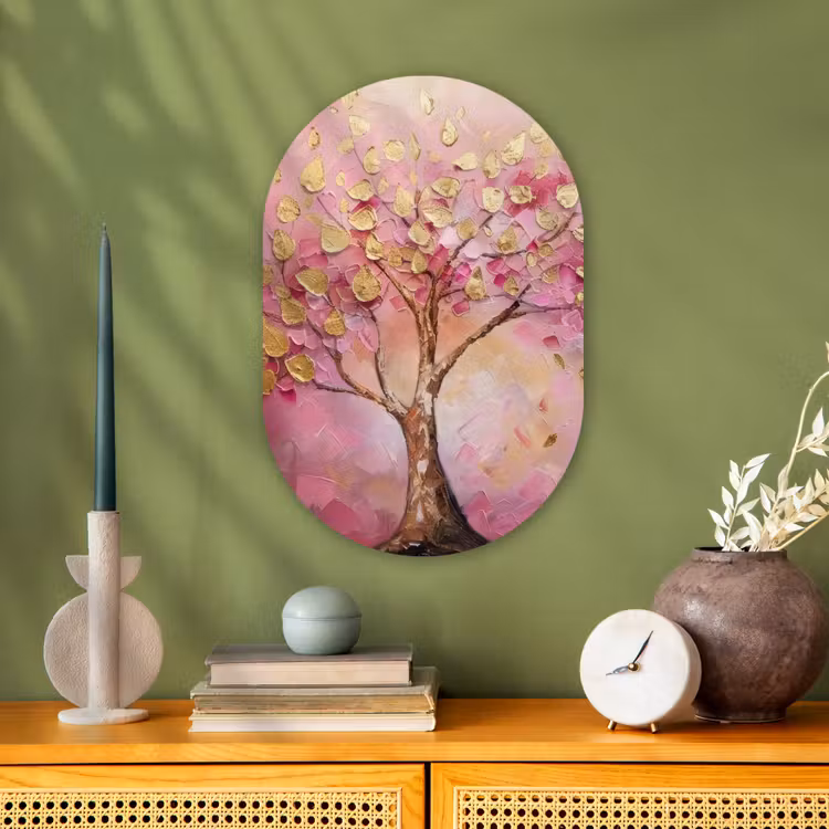 Muurovaal - Kunststof - Boom - Roze - Goud - Modern — 3