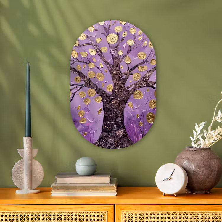 Muurovaal - Kunststof - Levensboom - Boom - Paars - Goud - Modern — 1