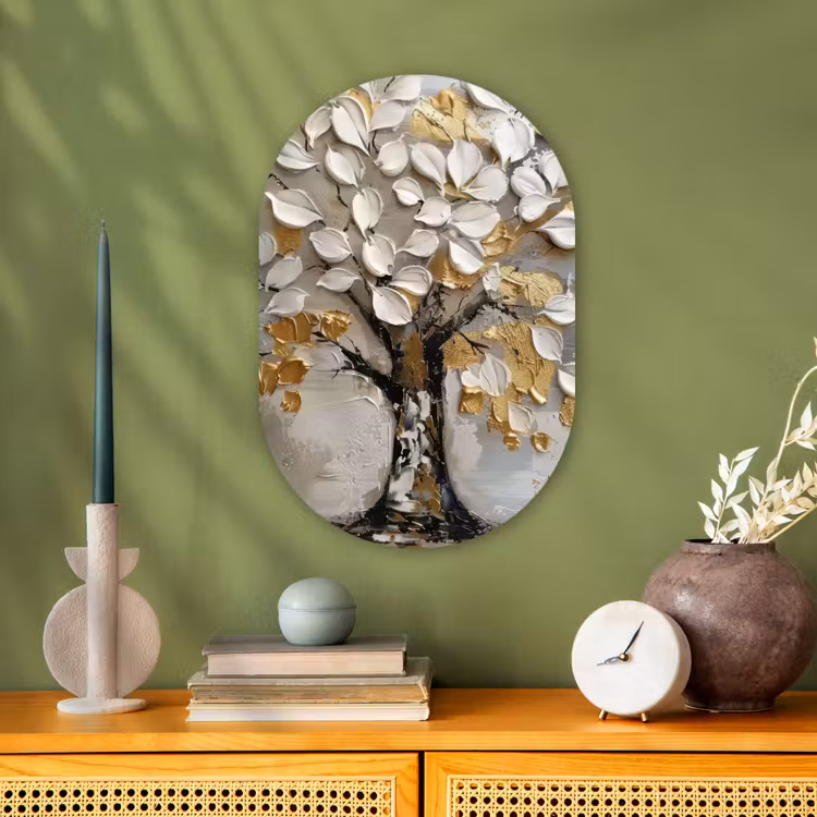 Muurovaal - Kunststof - Boom - Beige - Grijs - Goud - Abstract — 2
