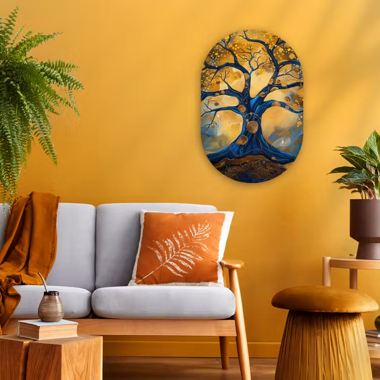 Muurovaal - Kunststof - Boom - Levensboom - Blauw - Goud — 2