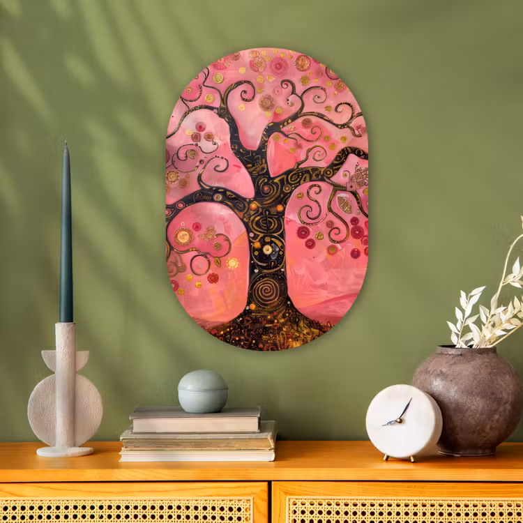 Muurovaal - Kunststof - Boom - Levensboom - Roze - Goud — 1