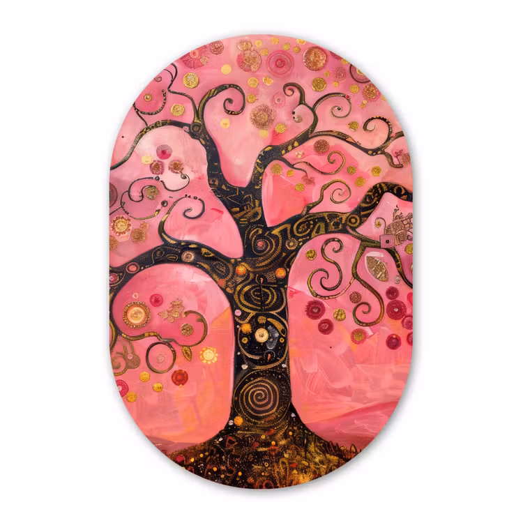 Muurovaal - Kunststof - Boom - Levensboom - Roze - Goud — 2