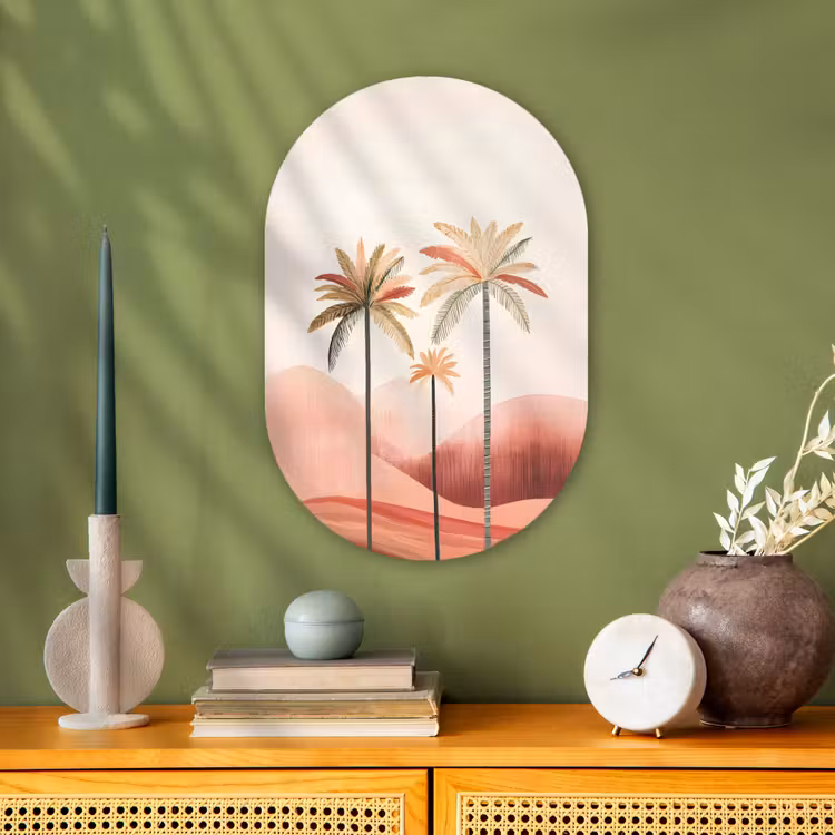 Muurovaal - Kunststof - Palmbomen - Heuvels - Minimalistisch - Zachtroze — 2