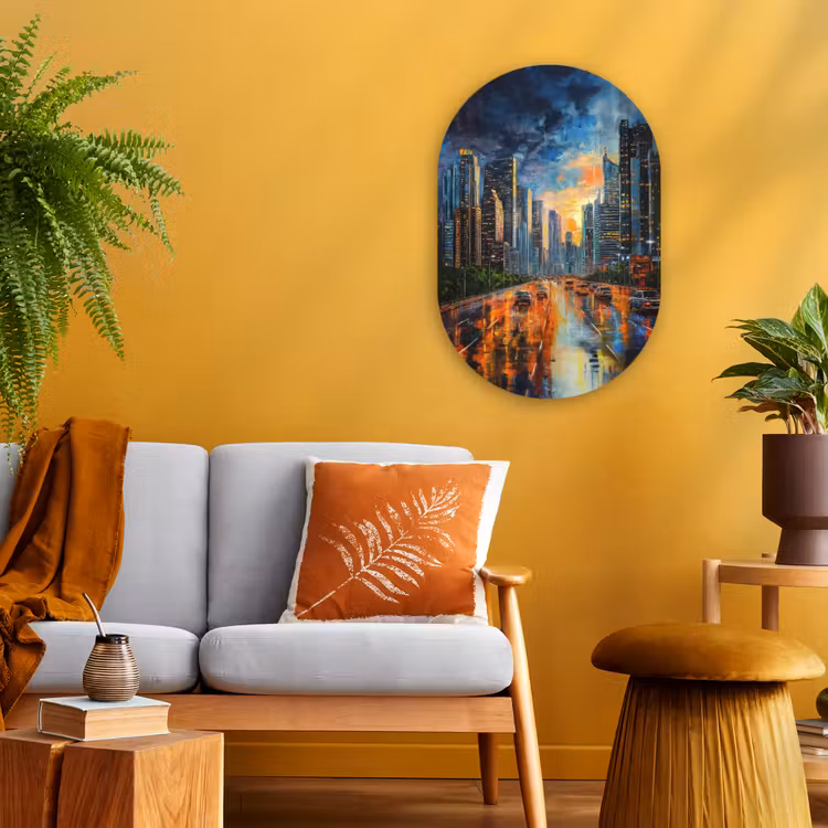 Muurovaal - Kunststof - Auto - Skyline - Zon - Blauw — 1