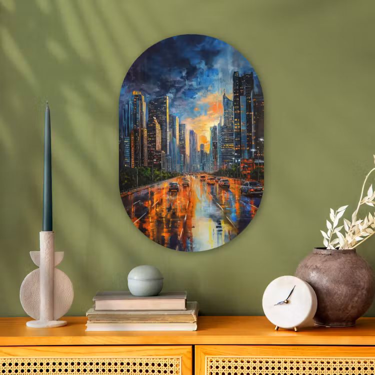 Muurovaal - Kunststof - Auto - Skyline - Zon - Blauw — 2