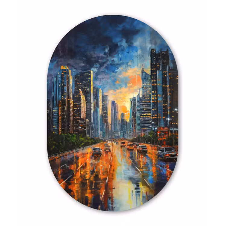 Muurovaal - Kunststof - Auto - Skyline - Zon - Blauw — 3
