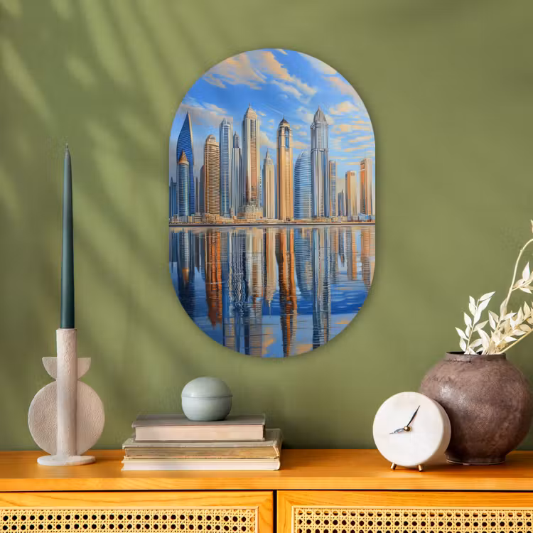 Muurovaal - Kunststof - Skyline - Wolkenkrabbers - Water - Blauw — 1