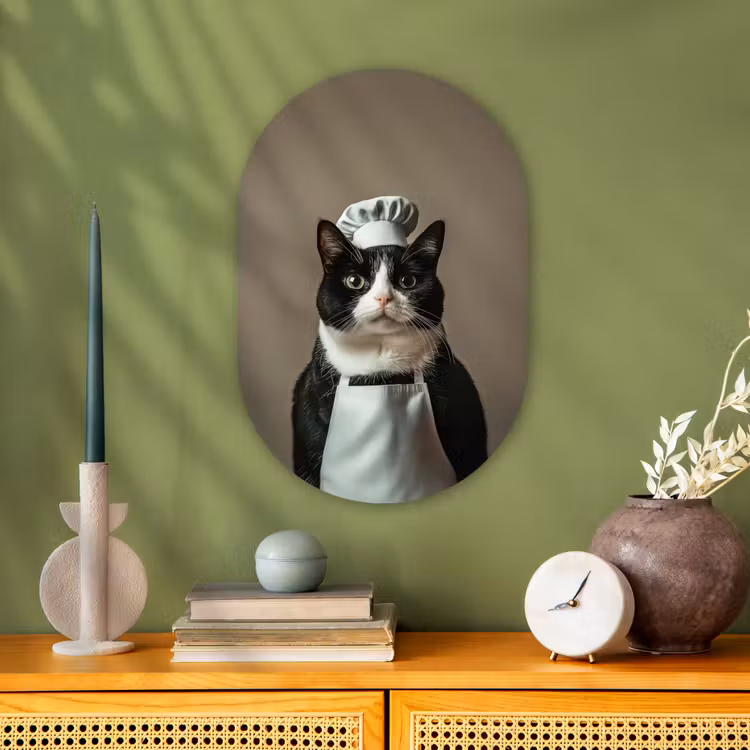 Muurovaal - Kunststof - Kat - Kokskleding - Zwart - Wit — 3