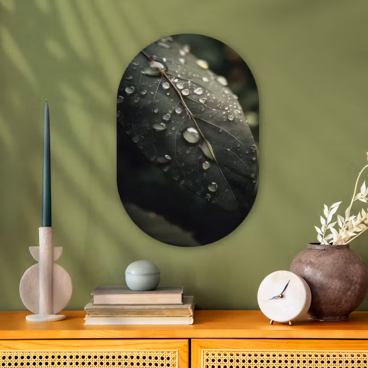 Muurovaal - Kunststof - Blad - Groen - Nerven - Regendruppels — 1