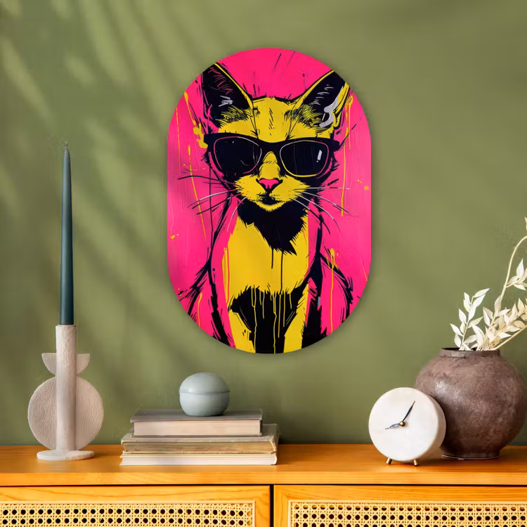 Muurovaal - Kunststof - Kat - Art - Zonnebril - Roze — 2