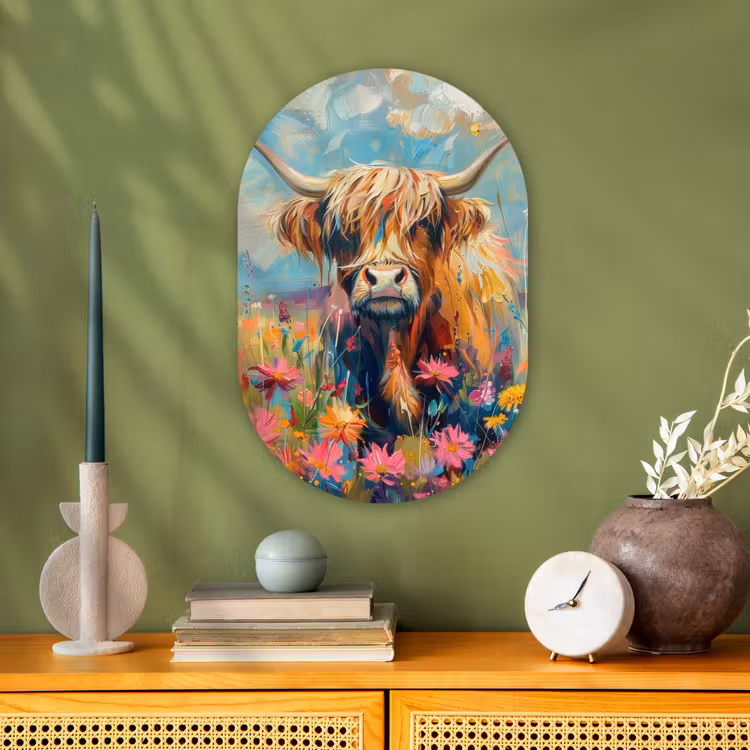 Muurovaal - Kunststof - Schotse hooglander - Natuur - Kleurrijk - Bloemen — 1