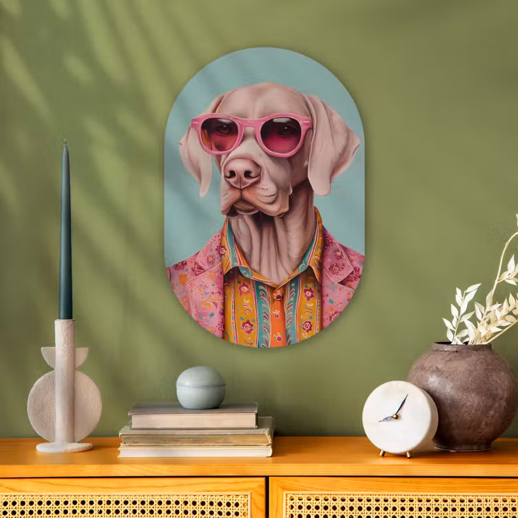 Muurovaal - Kunststof - Hond - Overhemd - Bloemen - Bril — 2